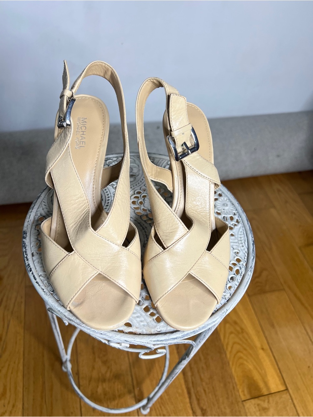 Michael Kors Beige Leather Crisscross Slingback Heels